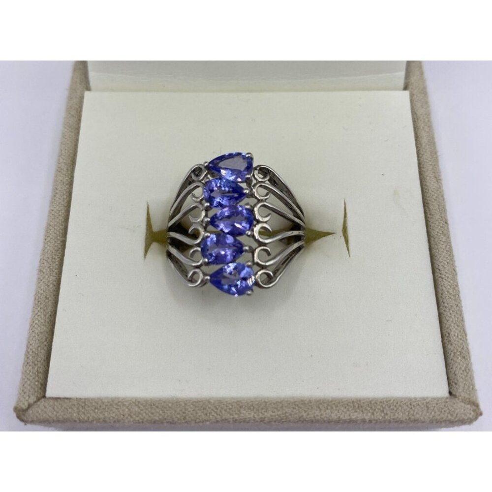 925 Silver Ring Size 7, Tanzanite, Purple-Blue Stones, Floral Cluster Silver